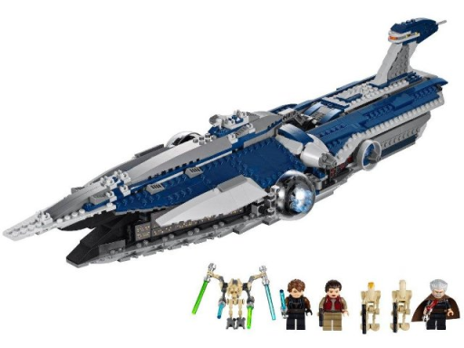 Ein futuristisches Raumschiff mit LEGO-Figuren von Jedi und Droiden.